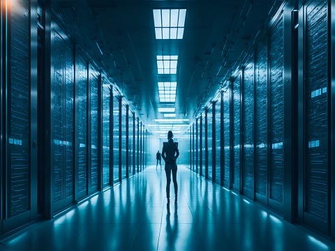Two spectral figures surrounded by computers